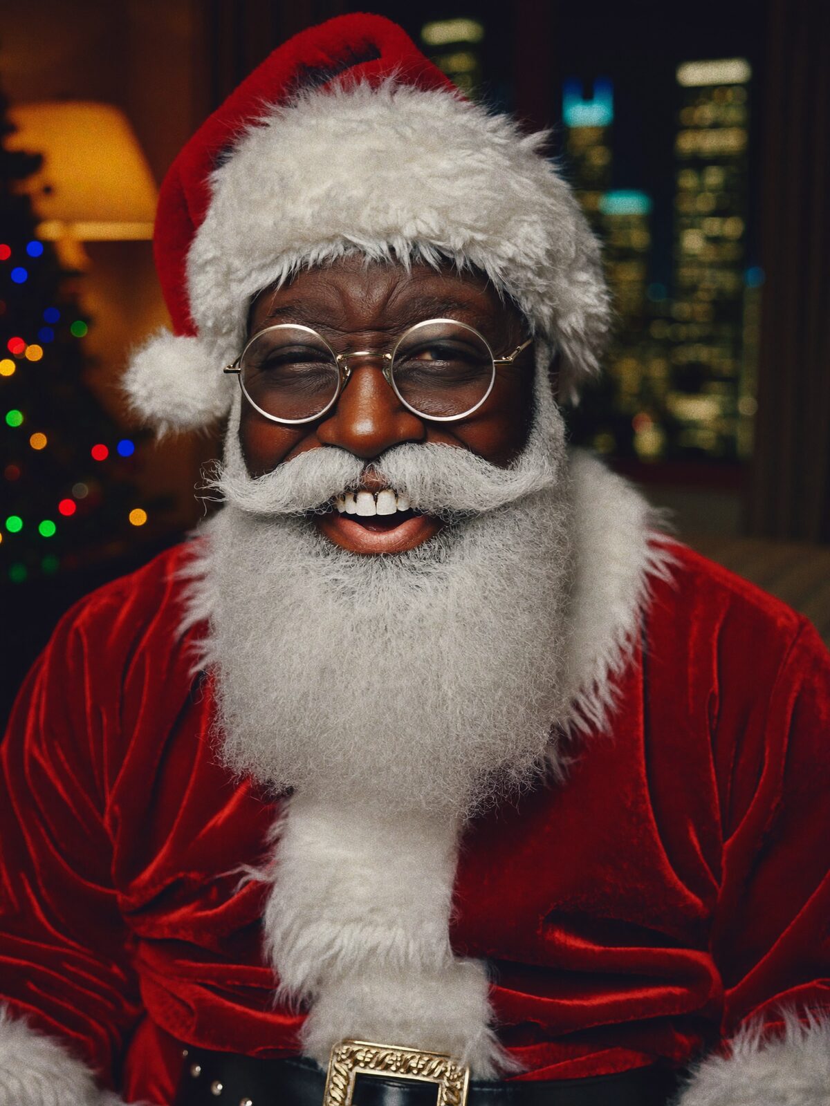 Atlanta Santa, a Black Santa with a white beard, glasses and red coat, smiling warmly